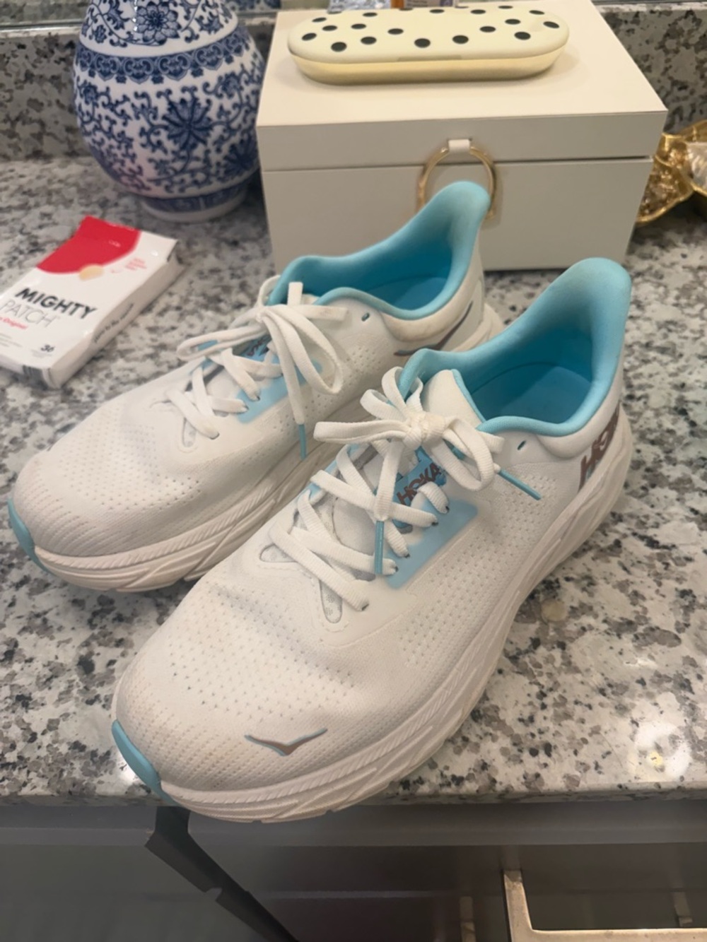 Hoka White and Light Blue Cushioned Running Sneakers